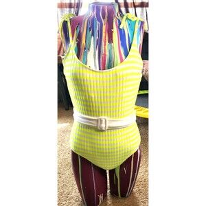 Striped One-Piece Swimsuit with Belt Yellow & White Women's Size Small 3-5